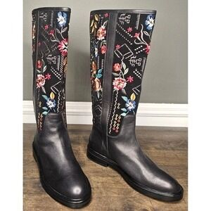 Johnny Was Embroidered Knee High Tall Riding Boots Pull On Boho Black Size 6 New